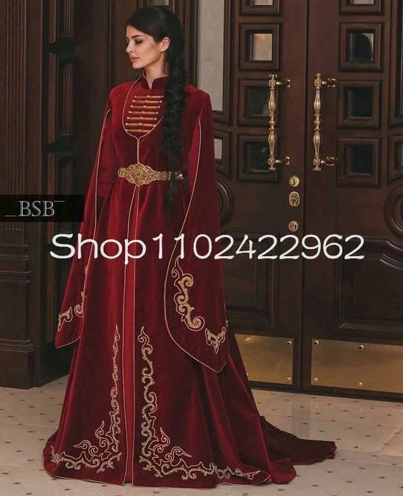 

Burgundy Muslim Caftan Evening Formal Dresses with Cape Long Sleeve Ingush Caucasus Embroidery High Neck Prom Occasion Gown