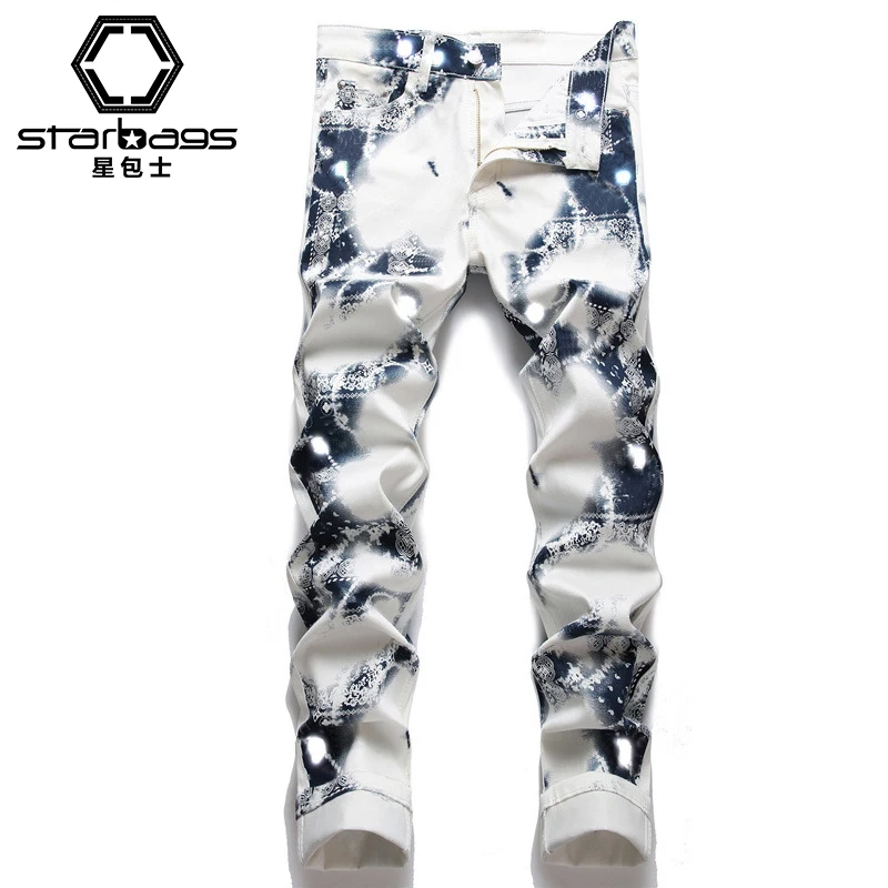 New 2023 summer street men's jeans digital printed cotton pants youth popular mid-waist casual pants