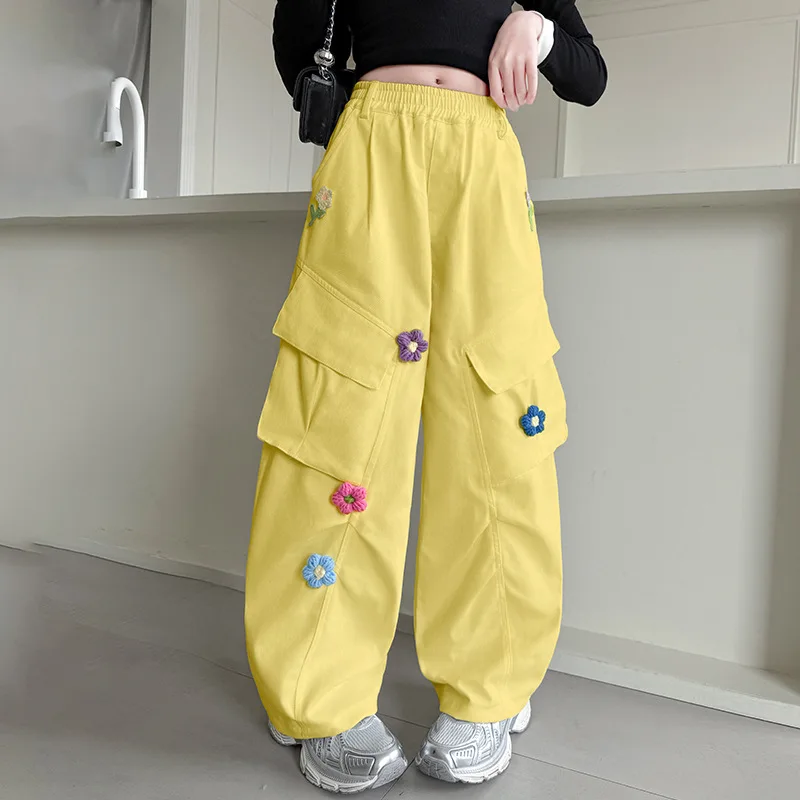 School Girls 3D Floral Applique Cargo Pants Elastic Drawstring Waist Wide Leg Loose Casual School Street Spring Kids Trousers