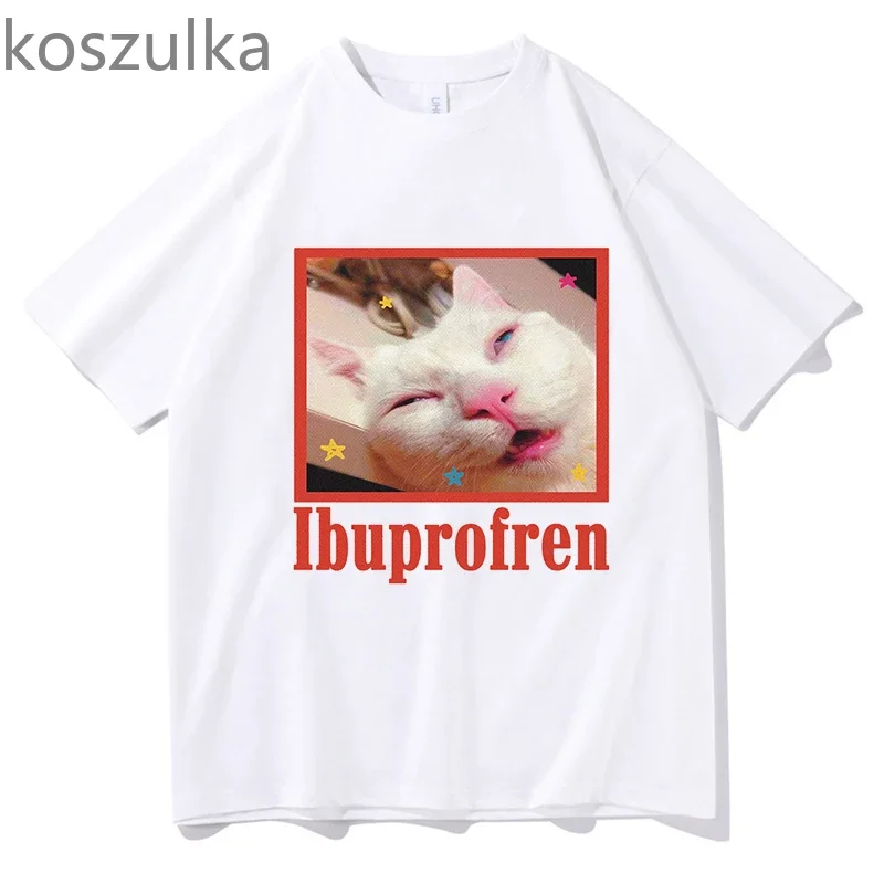 ibuprofen cat Meme TShirts Harajuku Fashion T-Shirts Men's and Women's Crew Neck Short Sleeve Shirts Printed Cotton Streetwear