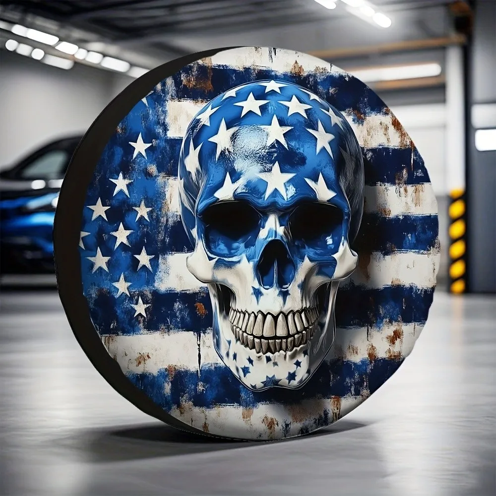 Blue Stripe Star Skull Spare Tire Cover 100% Polyester Universal for Jeep SUV Trailer Truck