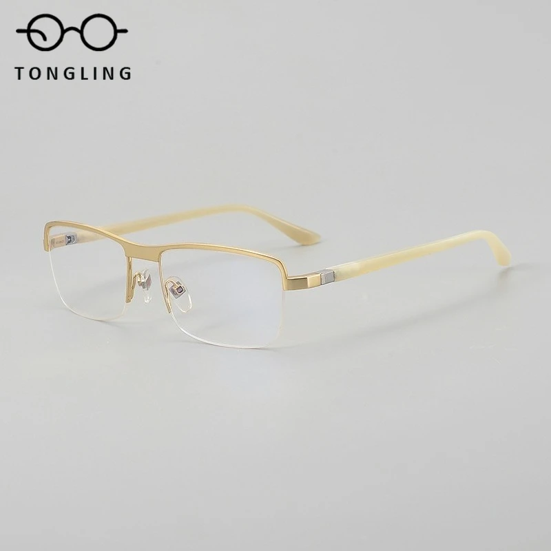 2025New highend pure titanium buffalo horn glasses leg business men casual halfframe glasses support custom prescription glasses