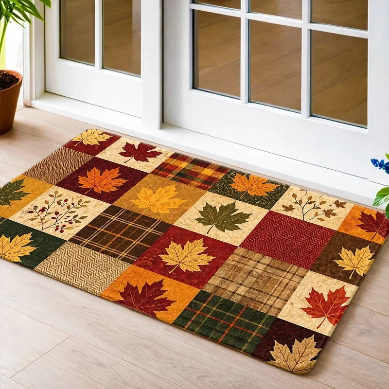 Autumn-Style Truck Printed Mat Cute Pink Pumpkin Plaid Entrance Rugs Non-Slip Welcome Door Mats for Living Room Home Decor