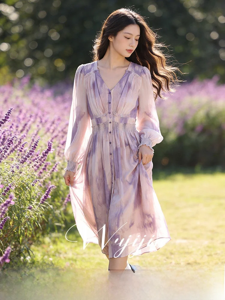 

plus Size V-Neck Long Sleeve Dress Gradual Color A-Line Silhouette Slimming Effect Spring New Arrival Women's Fashion Dress