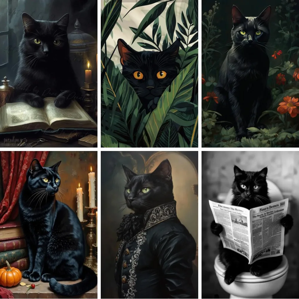 

DIY Diamond Embroidery Gothic Cat in Suit Cross Stitch Diamond Painting Black Cat Floral Art Rhinestone Pictures Wall Art Decor