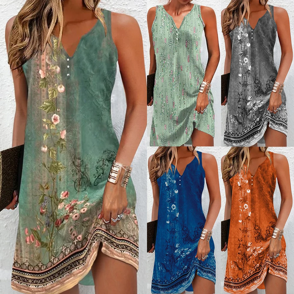 Damskie wiosenne letnie kwiatowe sukienka bez rękawów plażowe damskie Boho guziki Casual Sundress Plus Size codzienna moda odzież 2024