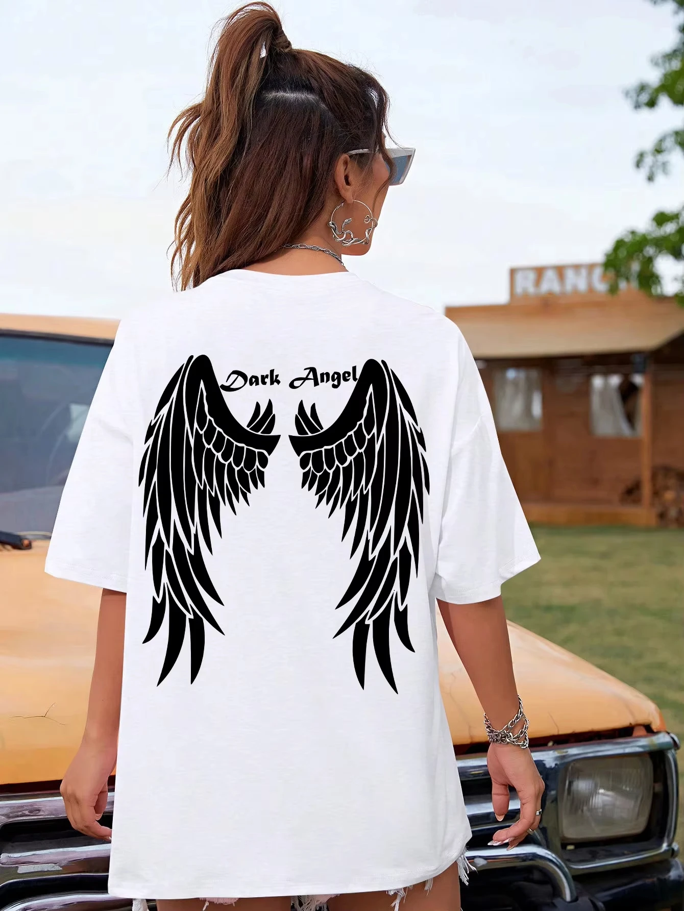 

Dark Angel Wing Hot Sale Graphic Print T-Shirts Women Summer Oversized Clothing Hip Hop Street T Shirt Cotton All-Match Plus Top