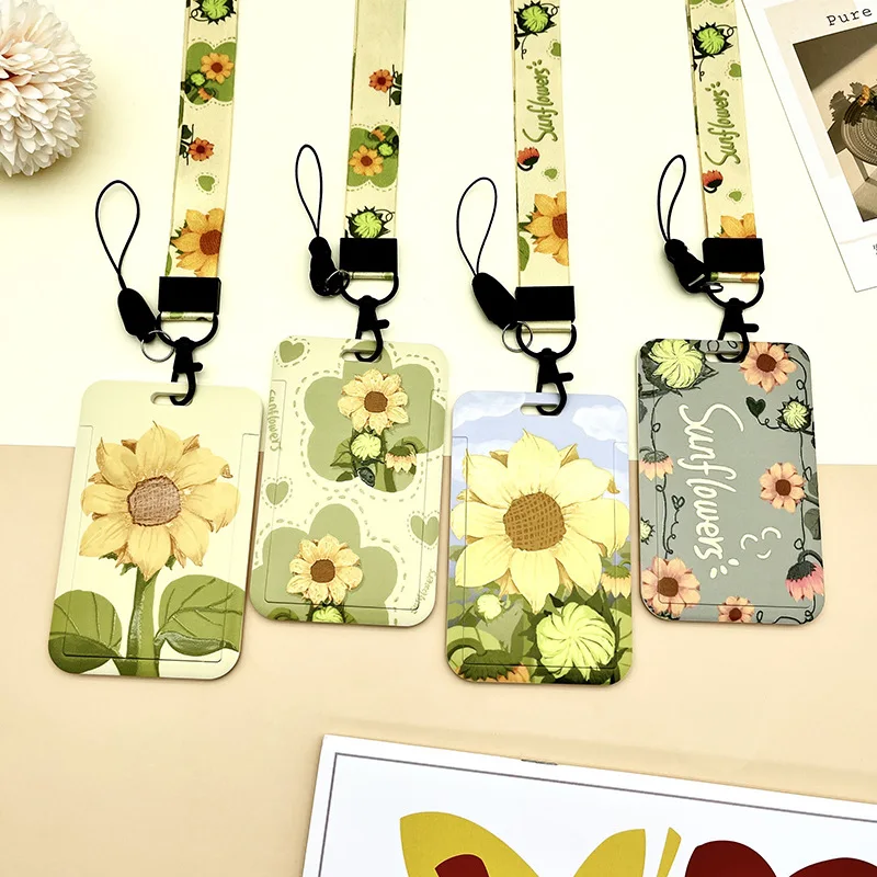 

Ins Sunflower Printed Work Permit Card Covers Case Work ID Card Credit Card Holder Lanyard Bus Subway Cards Case Badge Holder