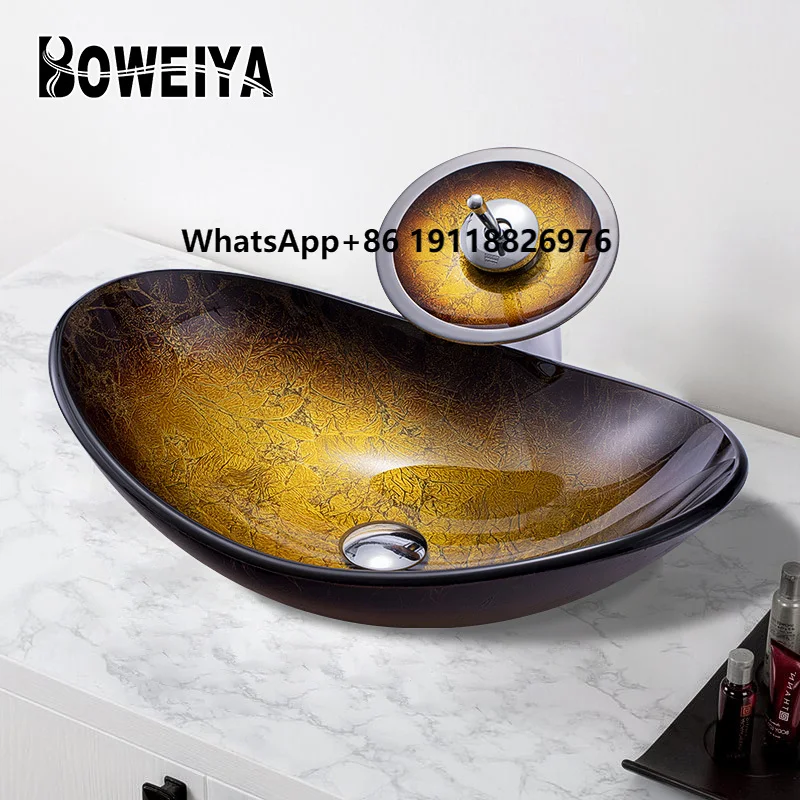 

Hotel Use Chinese Style Golden Foil Bathroom Oval Sink Washroom Glass Basin With Waterfall Faucet