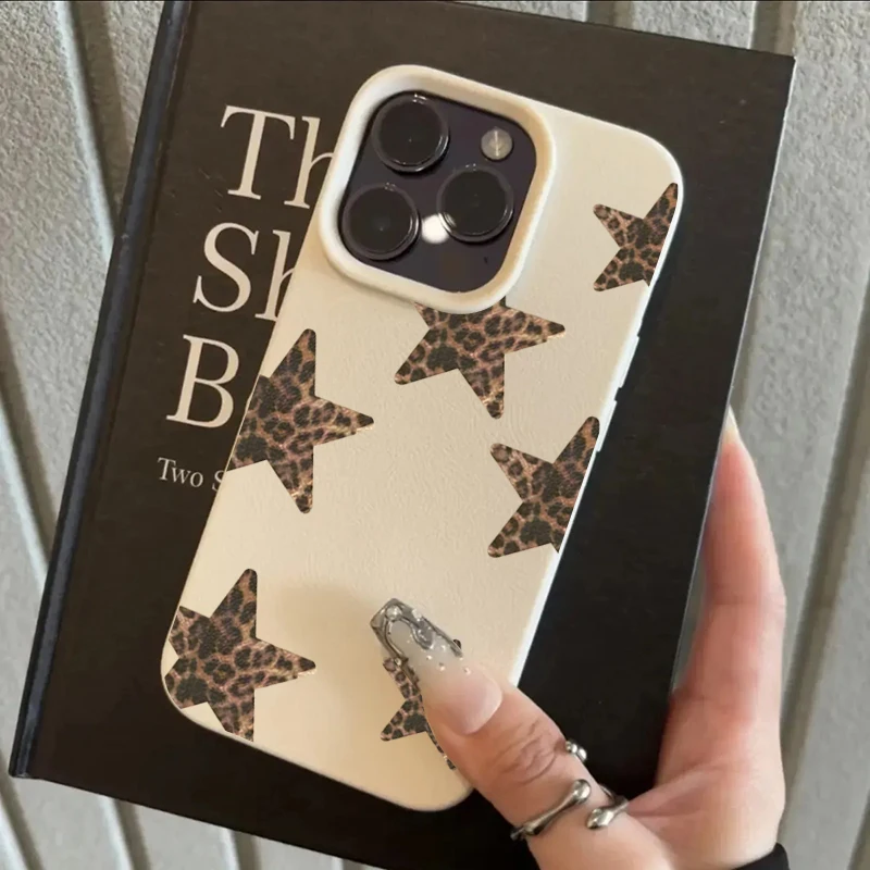 Leopard Print Stars Lychee Texture Phone Case For iPhone 11 12 13 14 15 16 17 Pro Max 17 Air 15 14 Plus 16E Soft CoverX XS XR
