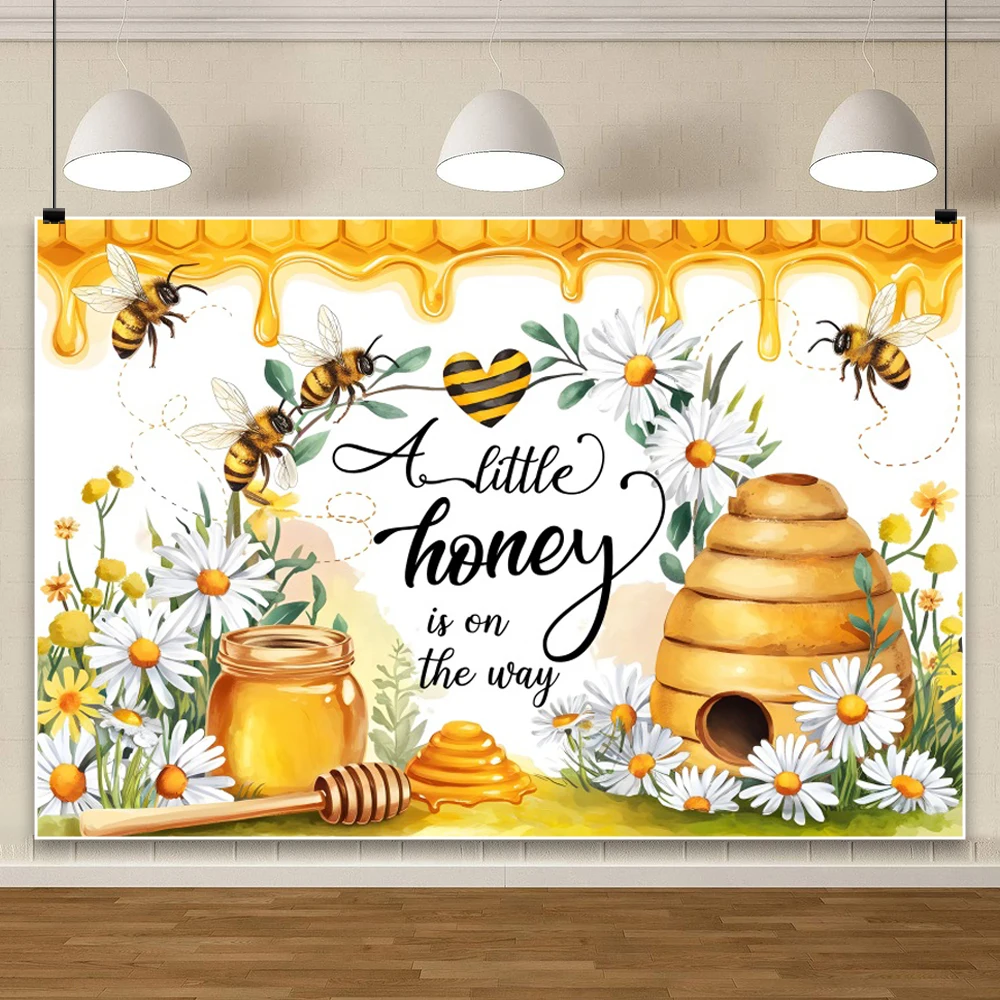 น้ําผึ้งเด็กพื้นหลังน้ําผึ้งน้อยอยู่ในทาง 1st วันเกิดดอกทานตะวัน Bee Boy Girl Baby Shower ฉากหลังเค้กตารางแบนเนอร์