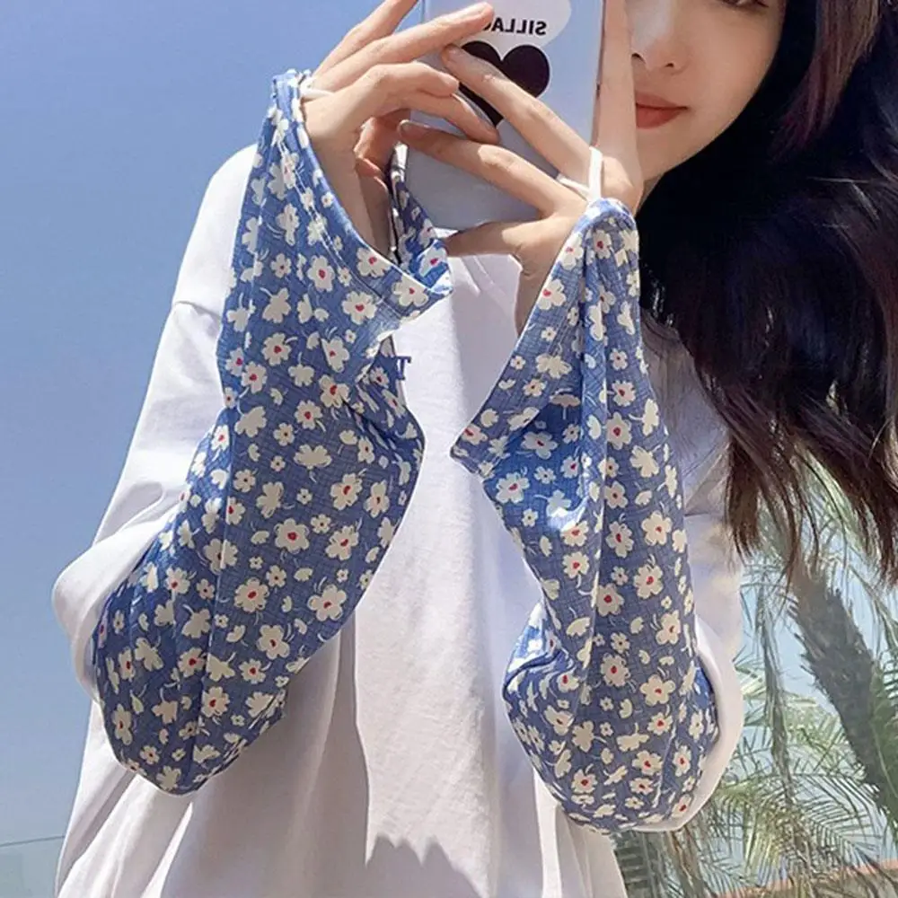 Flower Print Anti-sunburn Sleeve Summer Ice silk Arm Sleeves Outdoor Driving Cycling Sun Protection Long Sleeve Adjustable Cuff