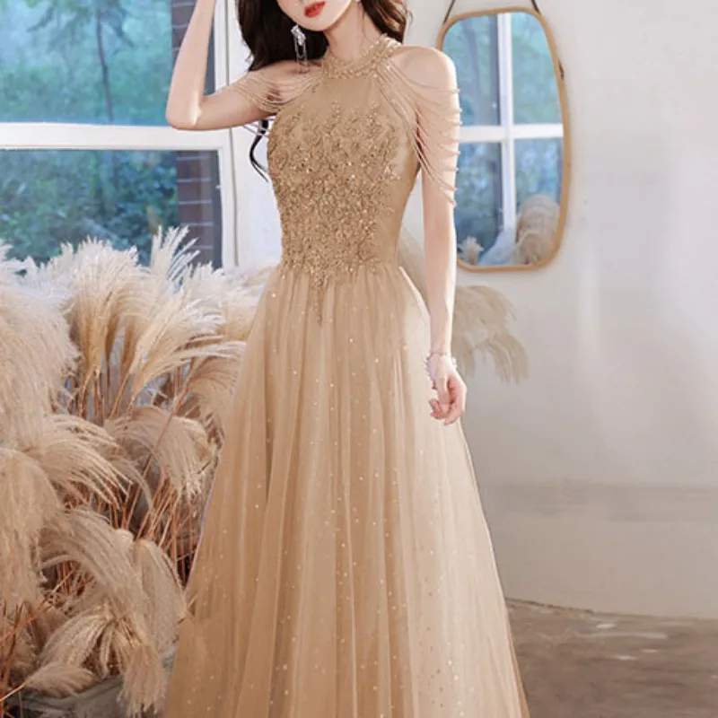 

Champagne Wedding Guest Dresses for Women Fairy Tassel Evening Dress Temperament Bridesmaid Engagement Formal Occasion Dresses