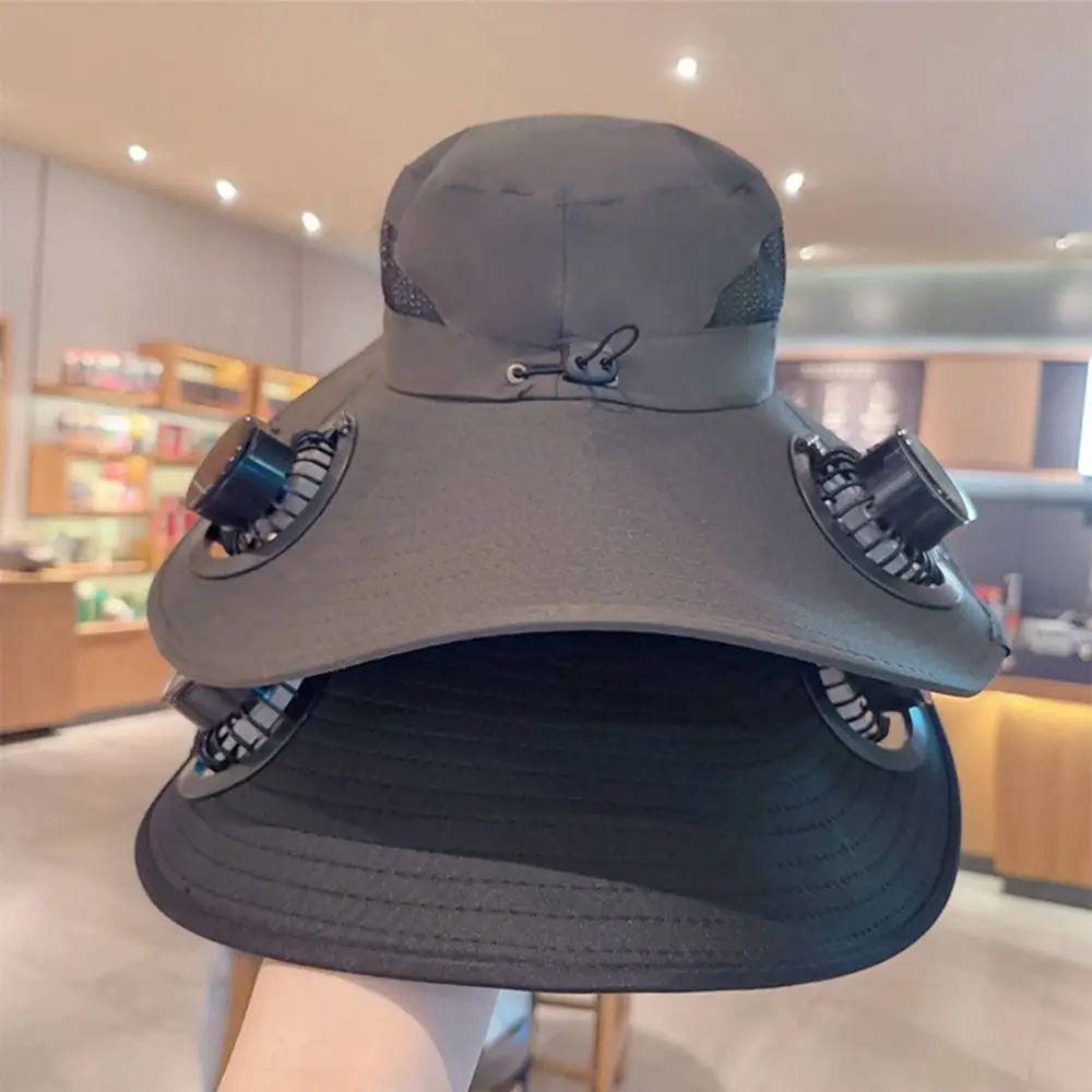 قبعة مروحة شمسية قابلة للإزالة قابلة للتنفس 3 سرعات قبعة دلو صيد حماية من الأشعة فوق البنفسجية طاقة الرياح العالية قبعة واقية من الشمس بحافة واسعة لتسلق الجبال