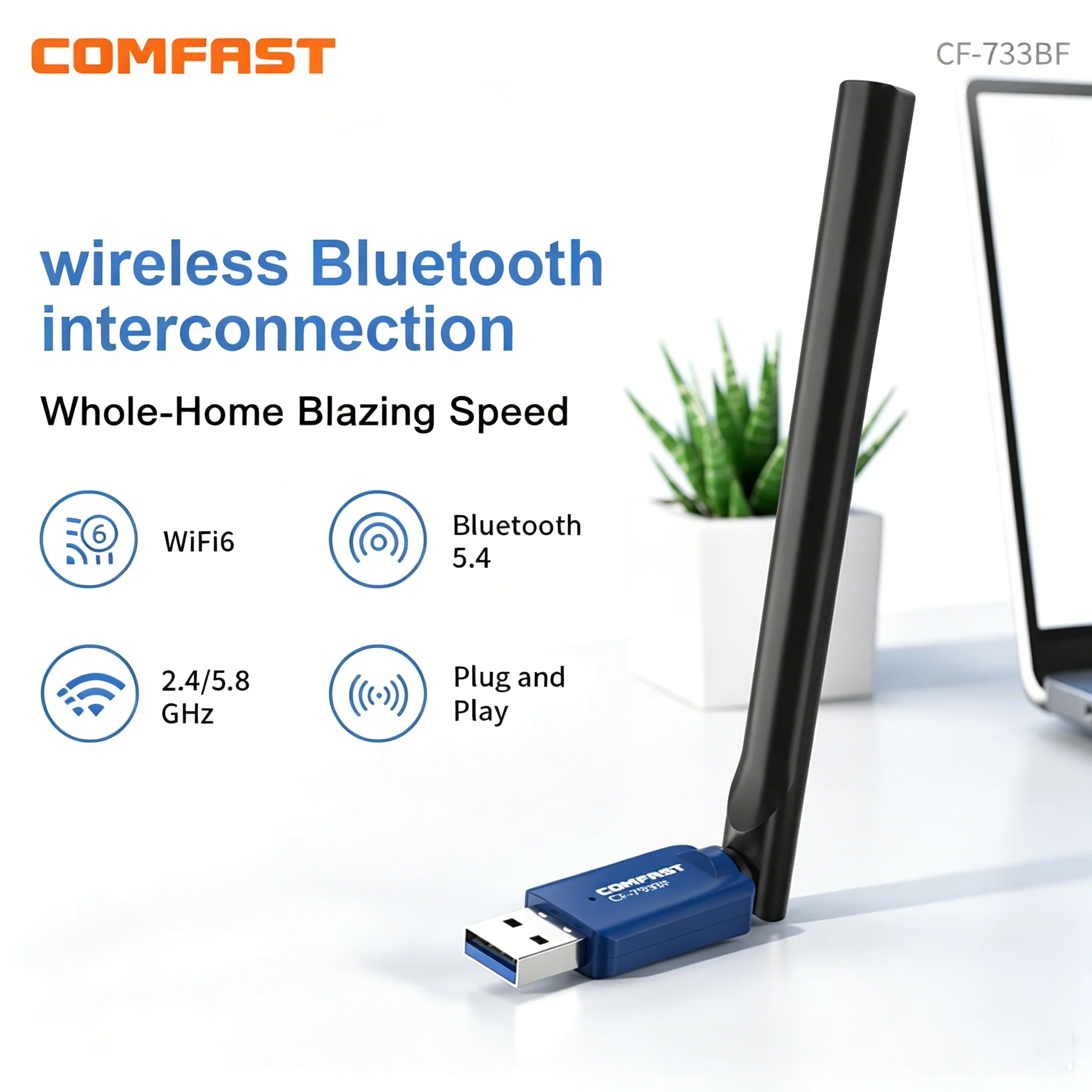 COMFAST CF-731B 572Mbps WiFi 6 Bluetooth 5.4 USB Adapter Dual Band 2.4G/5.8G WiFi Receiver Transmitter for PC Laptop Desktop