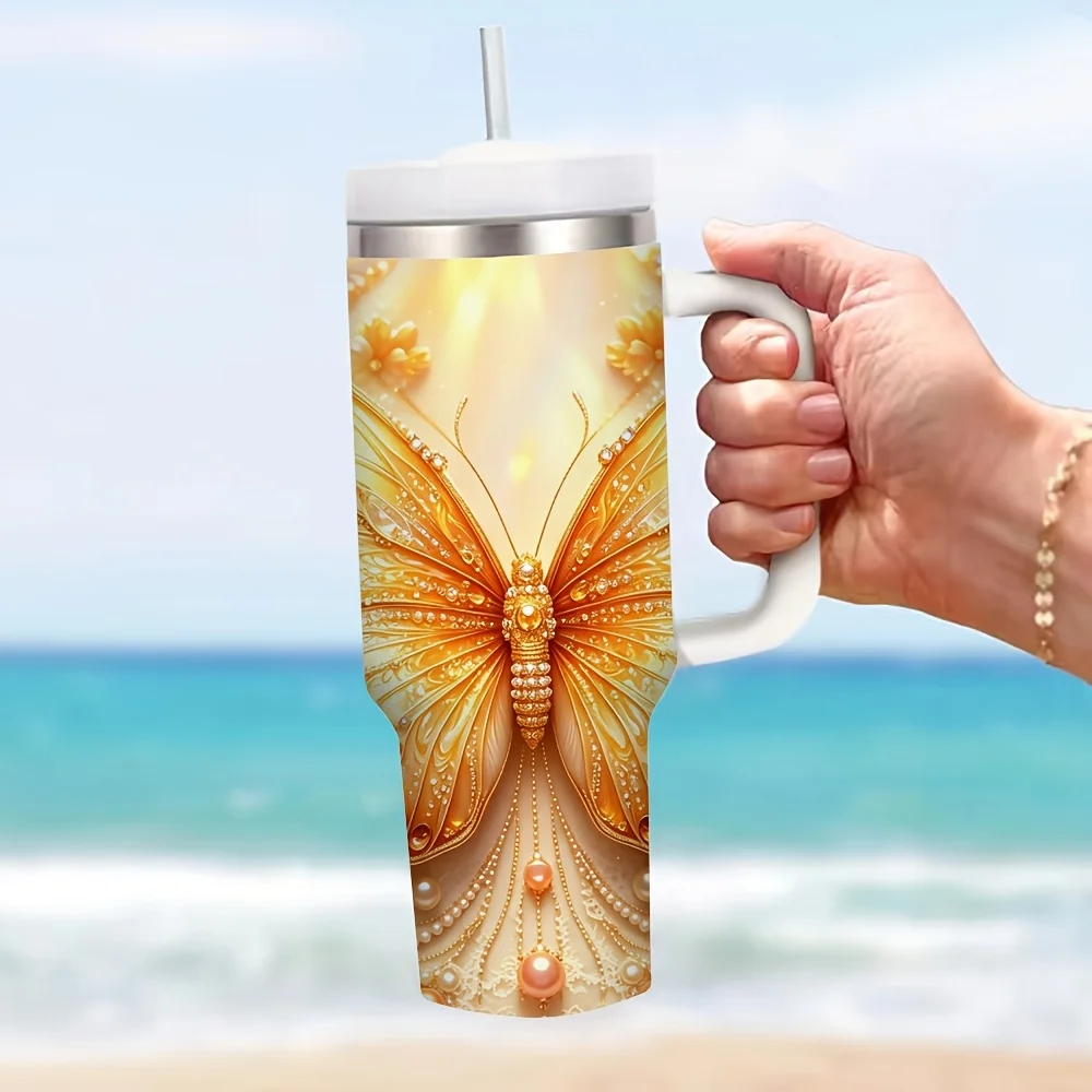40Oz Insulated Tumbler with Handle, Features Elegant Golden Butterfly Floral Pearl Print, Suitable for Women, Fits Daily Use, Outdoor Travel And Office Use, Keeps Both Hot And Cold Drinks at Ideal Temperature