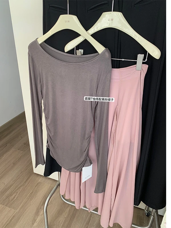 

Casual Loose Long Sve T-irt And High Waist Chiffon Skirt Women's Two-Piece Set Autumn Faion Outfit Asymmetrical oulder