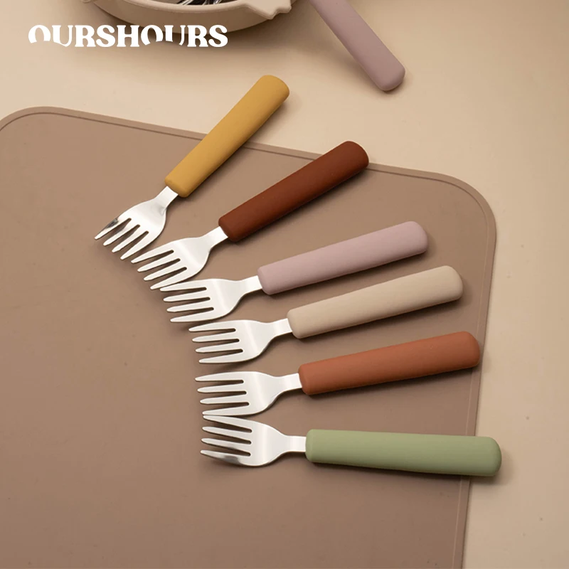 Children Tableware Stainless Steel Fork Spoon Knife Set with Silicone Handle for Toddlers Feeding Dinnerware Baby Accessories