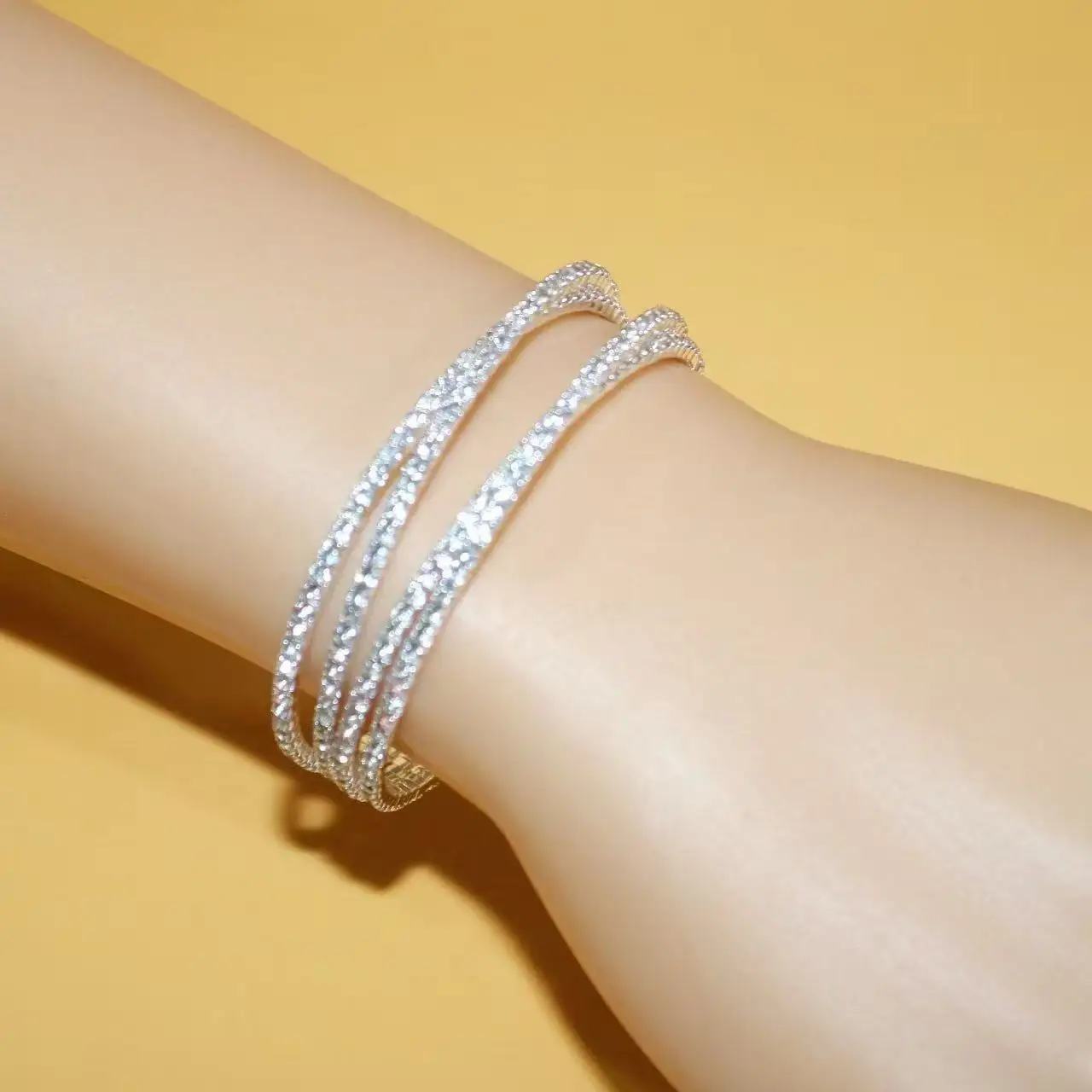 European and American Steel Wire Bracelet Jewelry 4-row Full Diamond Cross Clasp Chain Elastic Open Bracelet