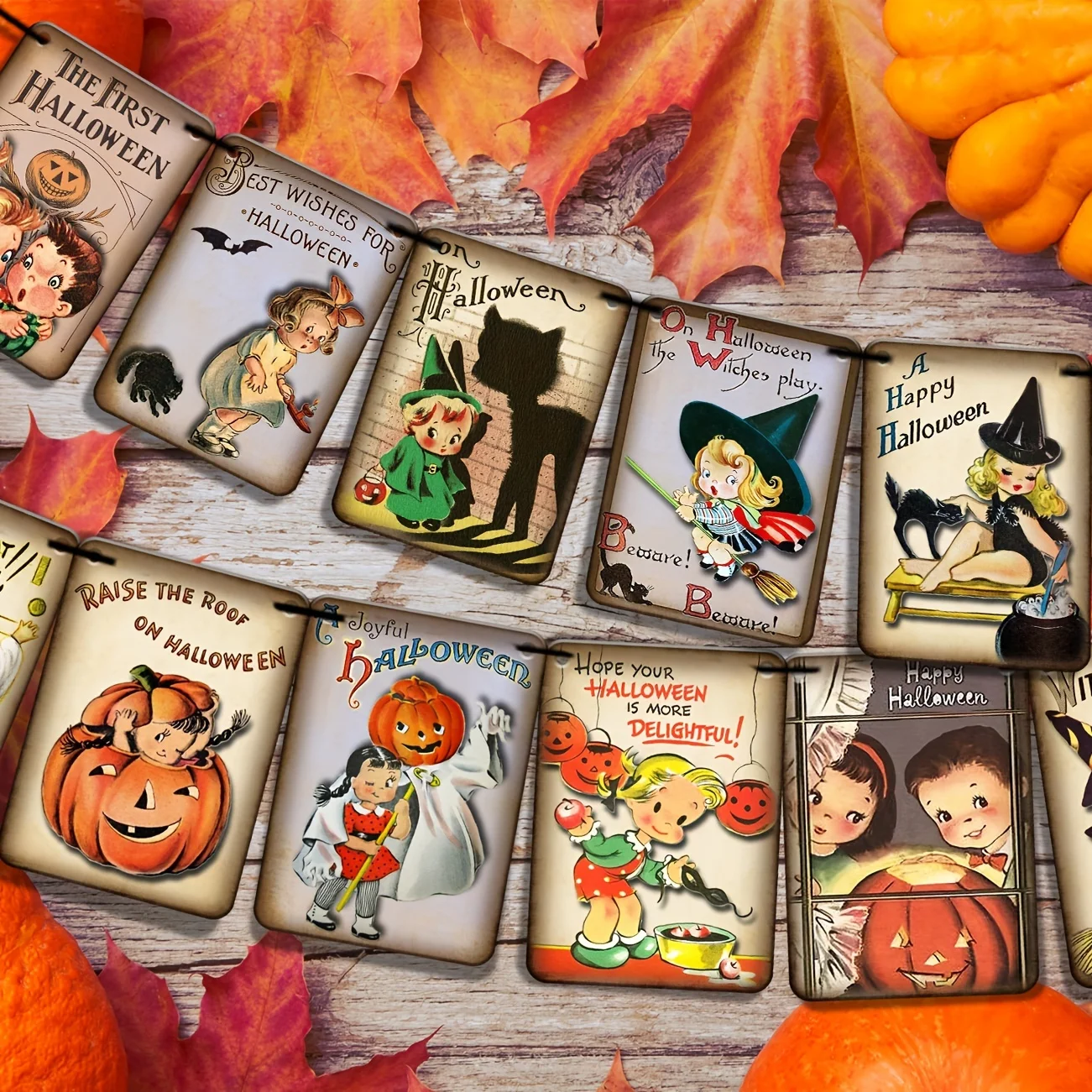 Bannière vintage d'Halloween, décorations d'Halloween, bannière citrouille style victorien - 15 pièces, bannière Joyeux Halloween, bannière « Trick or Treat »