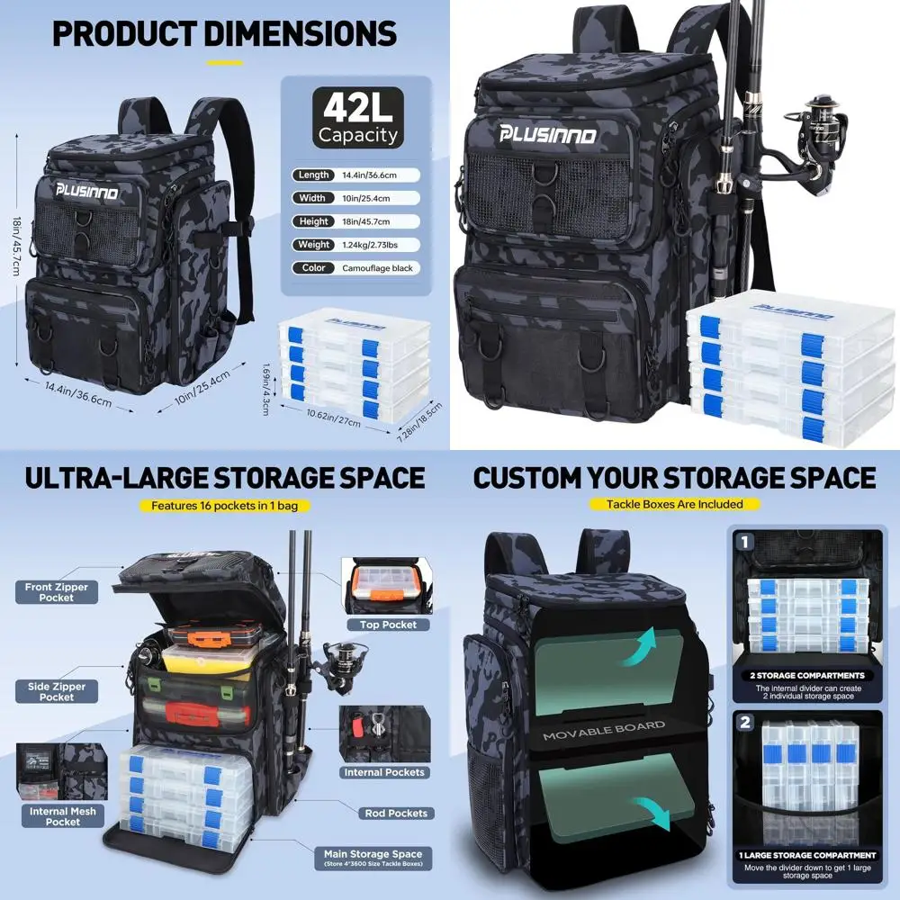 

Водонепроницаемый рыболовный рюкзак на 42 л с держателями для удочек и ящиком для снастей для хранения крупного снаряжения