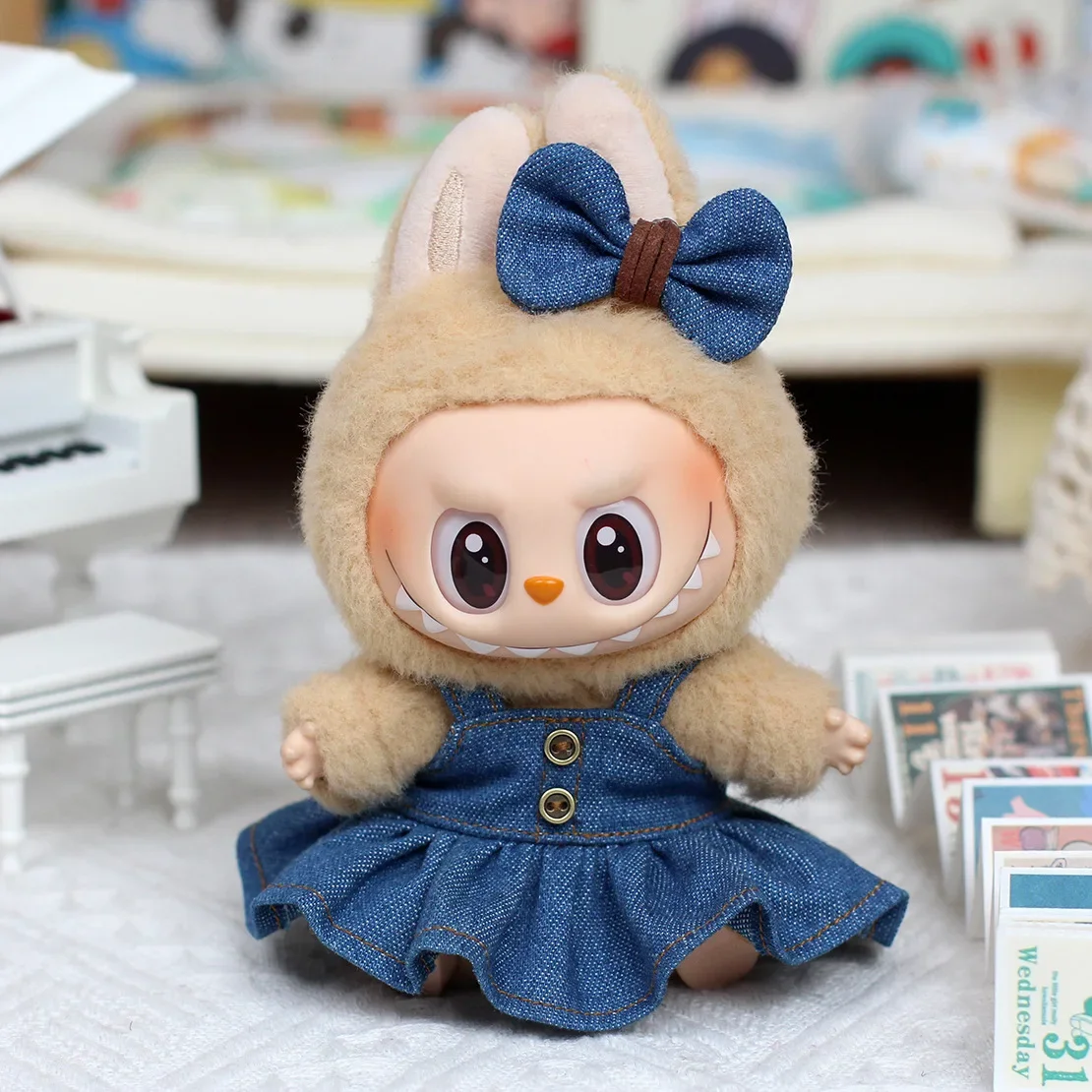17 cm Labubu-Puppe, modisches Anzieh-Set, Jeansrock und Schleife, Ropa Labubu-Kleidungszubehör, V2/V1/V3, DIY Mini-Puppen-Outfits