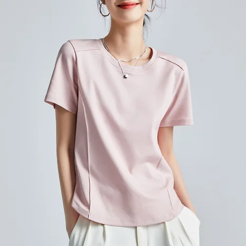 Imagen 1 del producto Camiseta de algodón mercerizado blanco de verano para mujer | Top básico con cuello redondo y costuras 3D | Blusa casual en capas de talla grande y ajustada