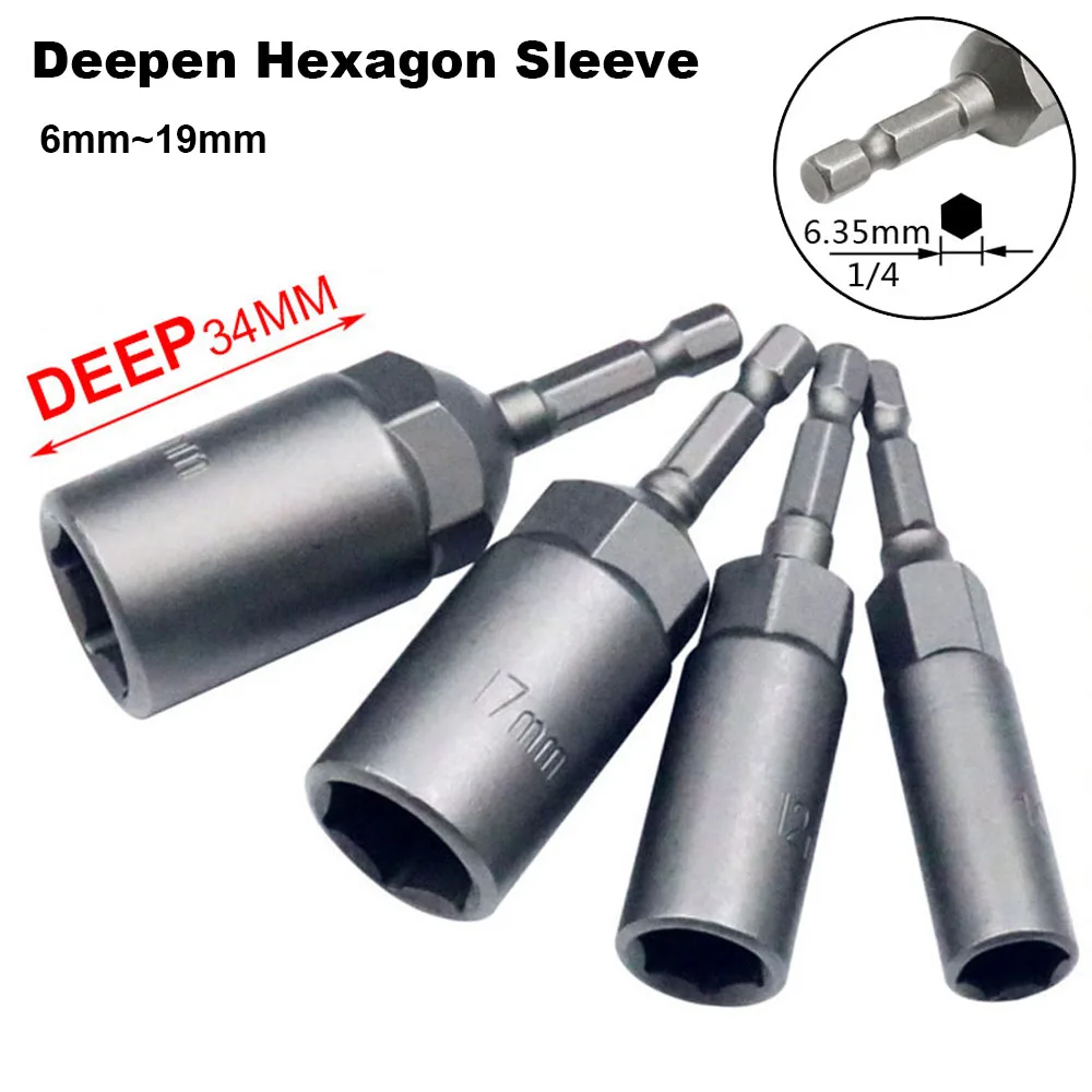 6mm -19mm Deepen Inner Hexagon Sleeve Electric Drill Sleeve Pneumatic Socket Head for Nut Wrench Hand Tools Electric Screwdriver