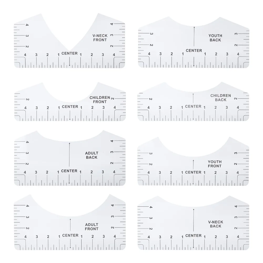 8pcs Round Neck T-Shirt Alignment Ruler V-Neck Transparent PVC Sewing Alignment Guide Logo Placement Tool For Heat Press