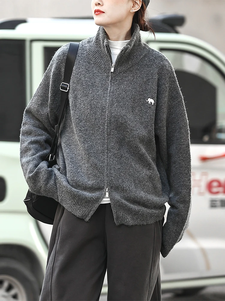 

Уютный двусторонний кардиган на молнии с вышивкой в стиле ретро, женский, с воротником-стойкой, модный, теплый, на каждый день