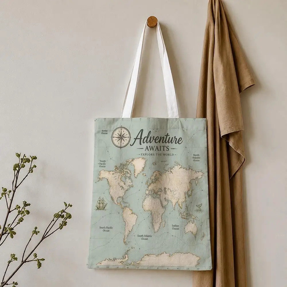 Vintage World Map Travel Adventure Storage Bags Tote Bag Reusable Shoulder Shopping Foldable For School Work Travel Daily Use