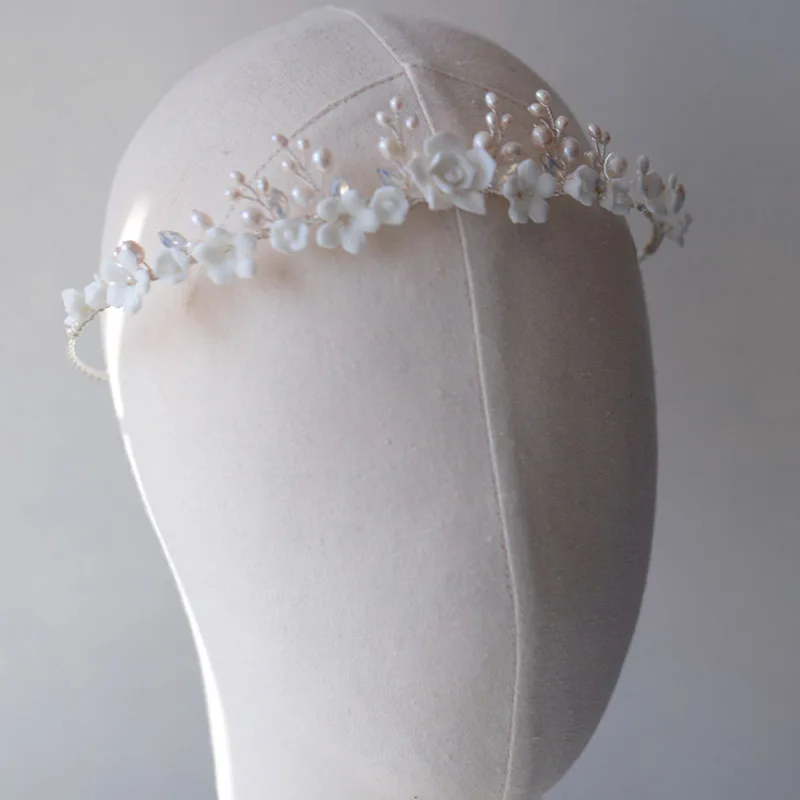 Süßwasser perlen Braut blume Tiara Stirnband mit Ohrringen handgemachte Hochzeit Abschluss ball Frauen Haar Krone Schmuck