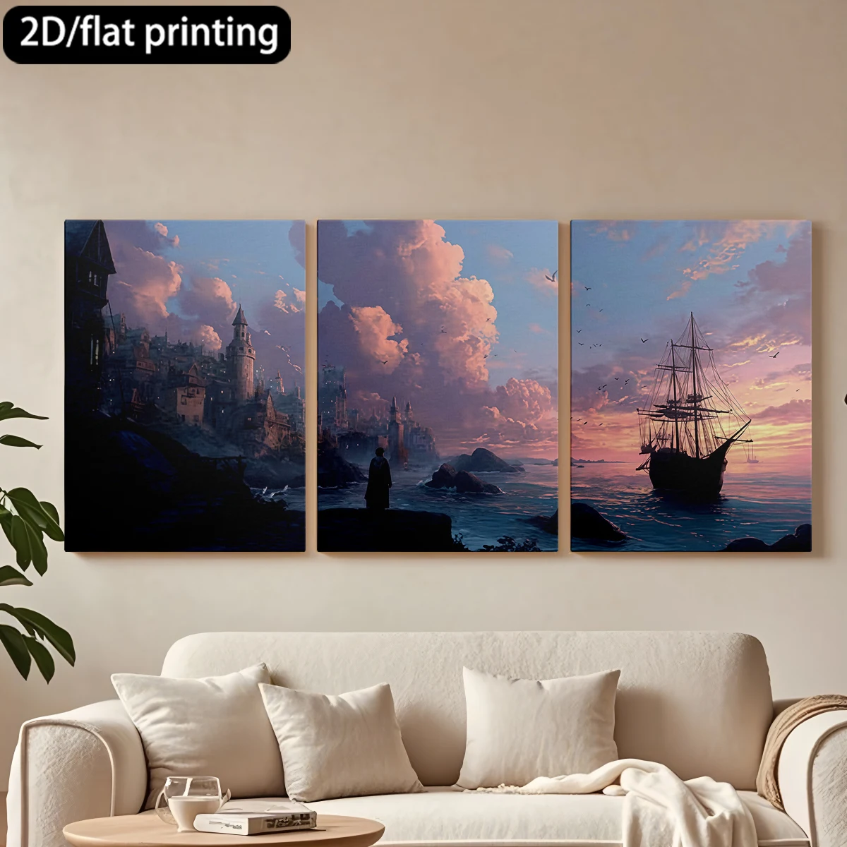 

Three-panel decorative canvas paintingCoastal view, figure, ship, town, sky.