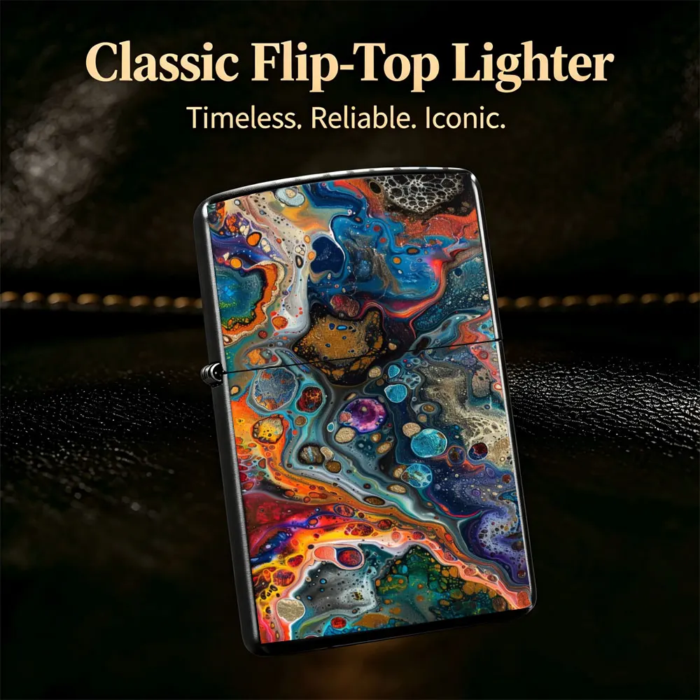 Pocket Lighter, Flip-Top Windproof Design, Metal Shell, Colorful Liquid Art Print, Comfortable Grip, Durable & Reliable