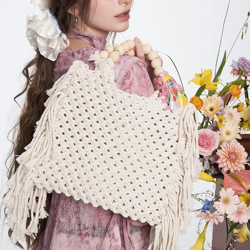 

Handmade Braided Bag for Women Boho Summer Tassel Beach Tote Bag Three Size Woven Handbag
