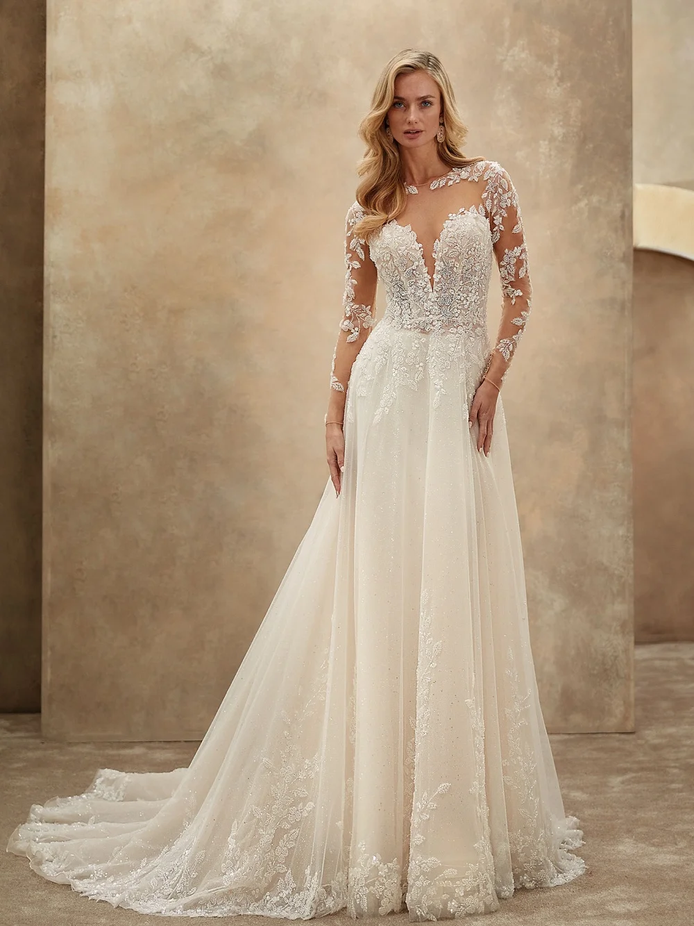 

Elegant Long-Sleeve Wedding Dresses Romantic Appliqué Bridal Gowns Graceful Tulle Floor-Length Wedding Gowns Vestidos De Novia