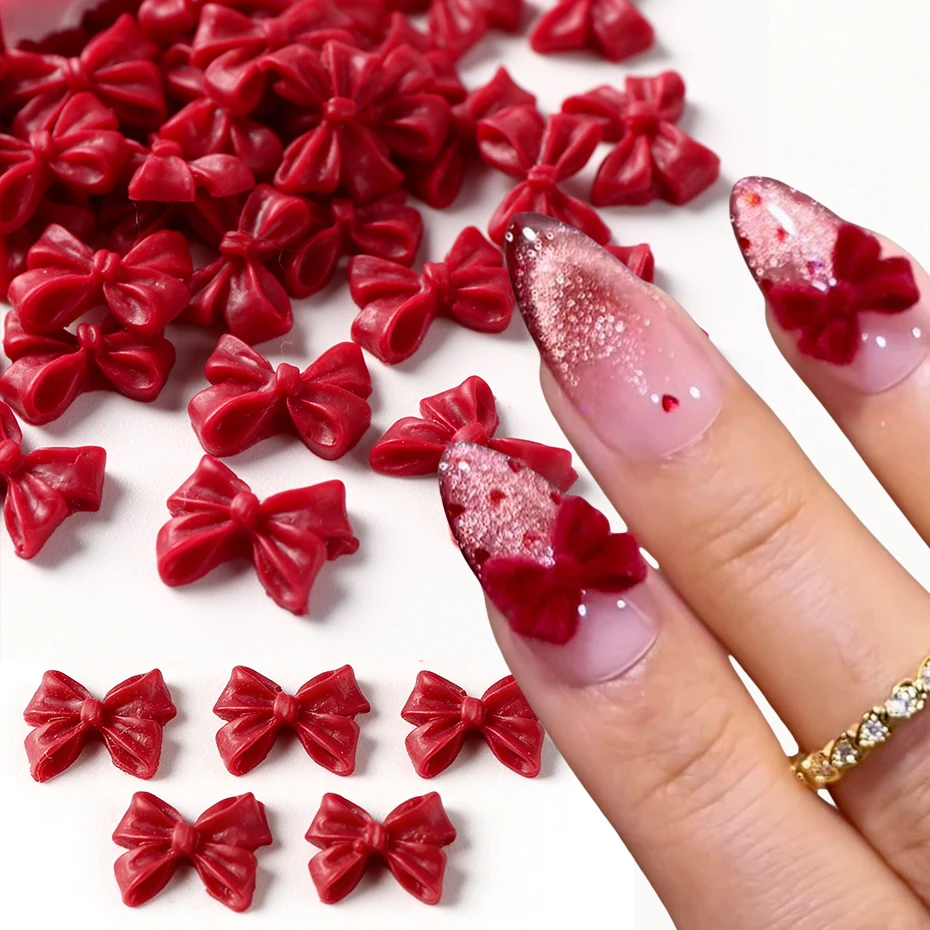50/100pcs Red Bow Nail Charms Kawaii Knot Bow Valentines Ornament Jewelry Nail Art Decorations Parts Manicure Nail Accessories