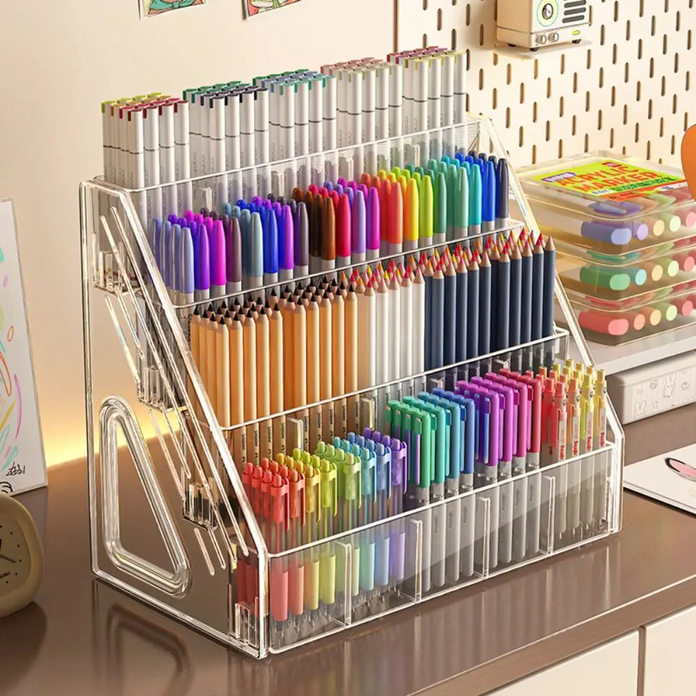 Durable Acrylic Pen Holder Clear 3/4/5 Layers Pen Rack Multi-Compartment Desktop Organizer Home Office