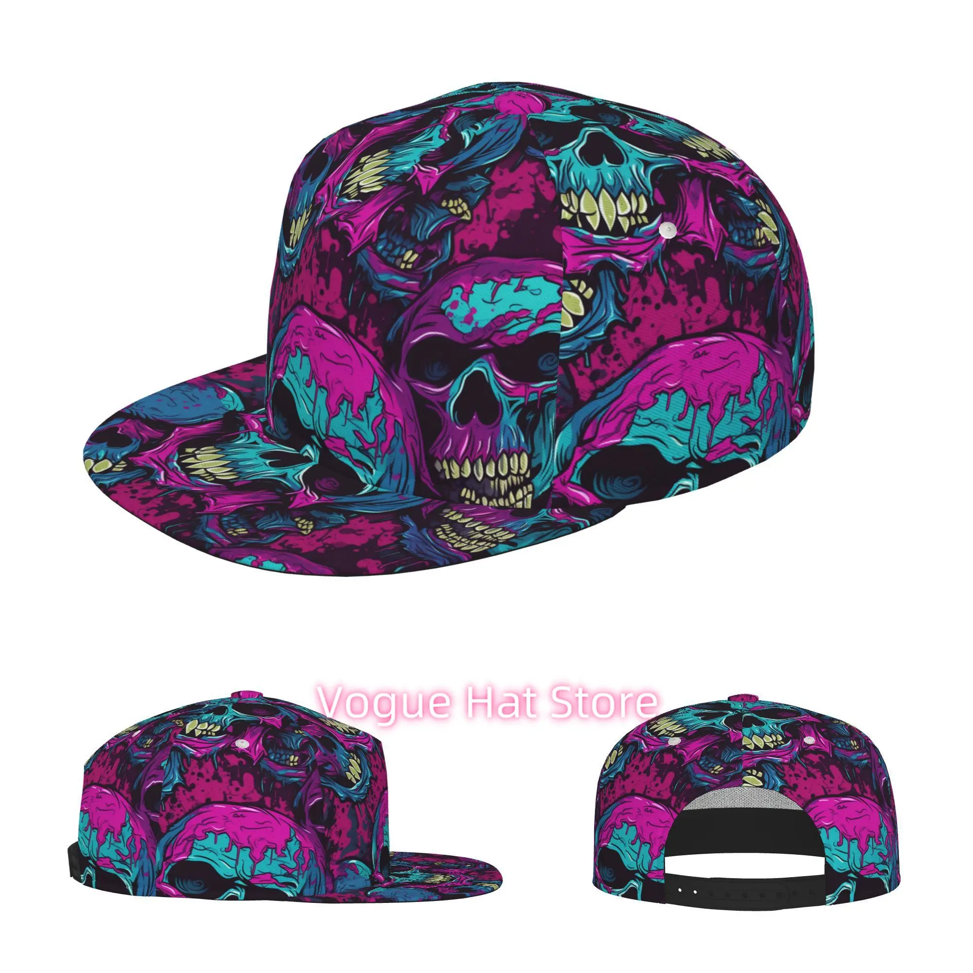 1pc Halloween Skull Baseball Cap- Neon Pink and Blue Graffiti Design- Flared Style, Fashionable, Adjustable- Suitable for Both M