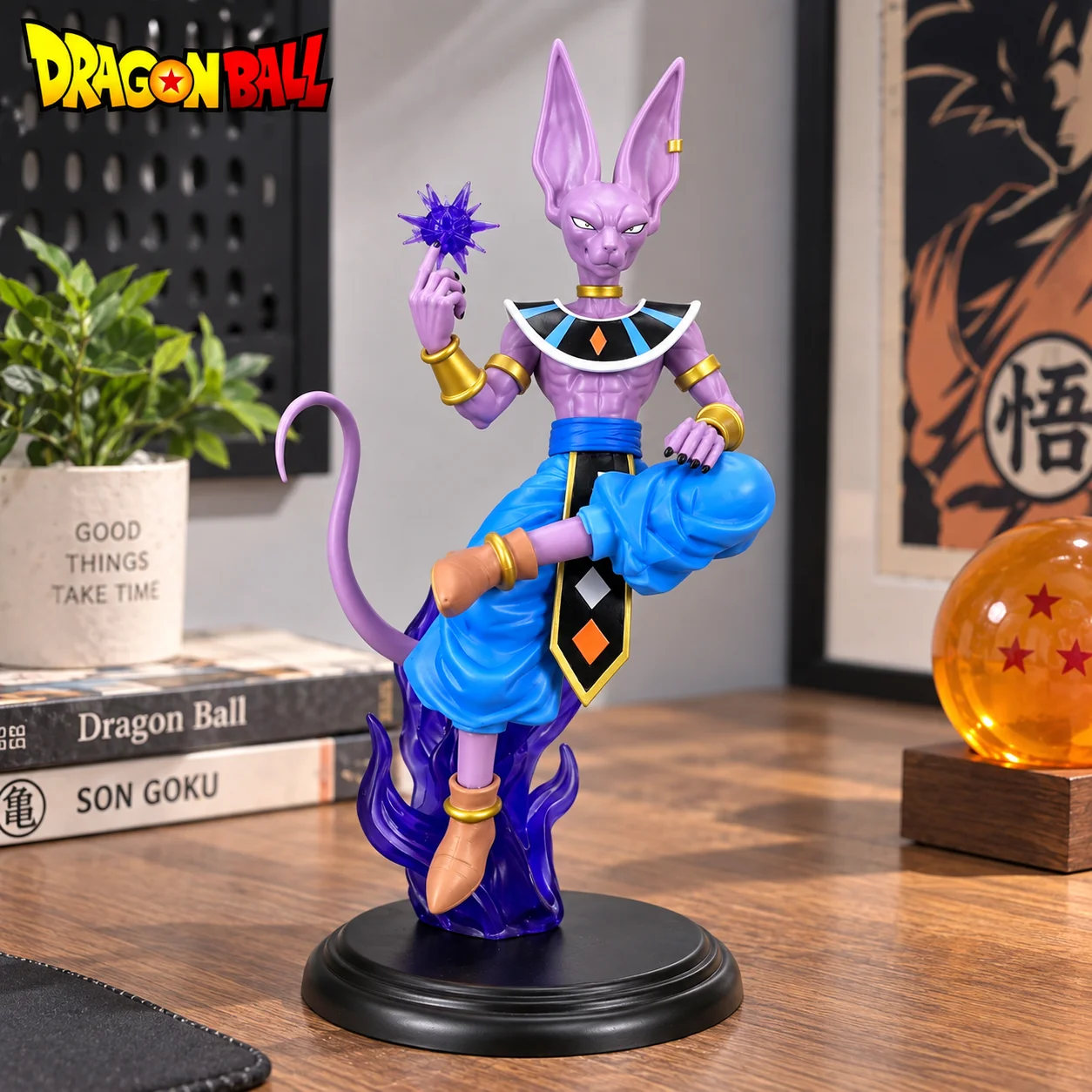 Dragon Ball Beerus Anime Figure 21cm PVC God of Destruction Model with Energy Effect Base Desktop Display Collectible Decoration