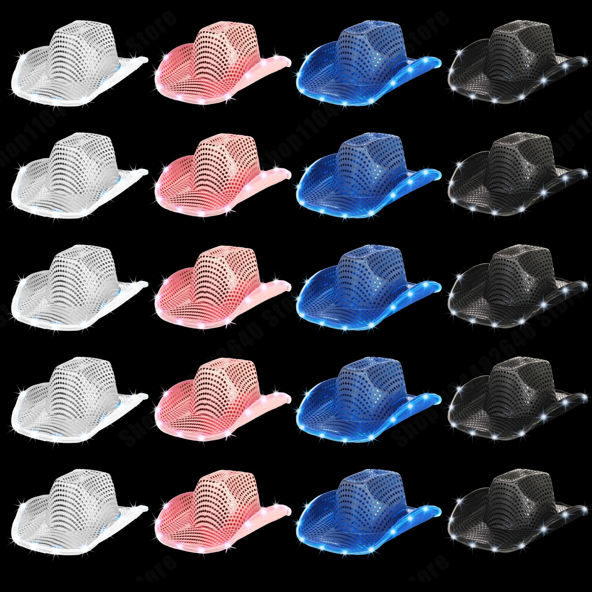 6-20Pcs Light Up Cowboy Hats for Wedding Sequins LED Cowboy Hats for Women Flashing Cowboy Hat Bulk Bachelorette Party Favors image 3