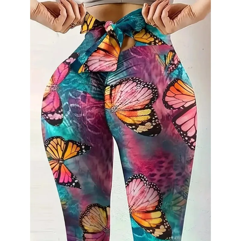 Plus Size 1XL-5XL Women\'s Back Waist Bow Leggings Casual Butterfly Print Fitness Yoga Leggings High Waist Tight Leggings