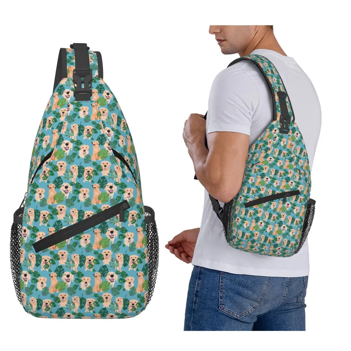 

Golden Labrador Retriever Dog Tropical Chest Bag Men Sling Crossbody Backpack Chest Bag Traveling Hiking Daypack Shoulder Bag