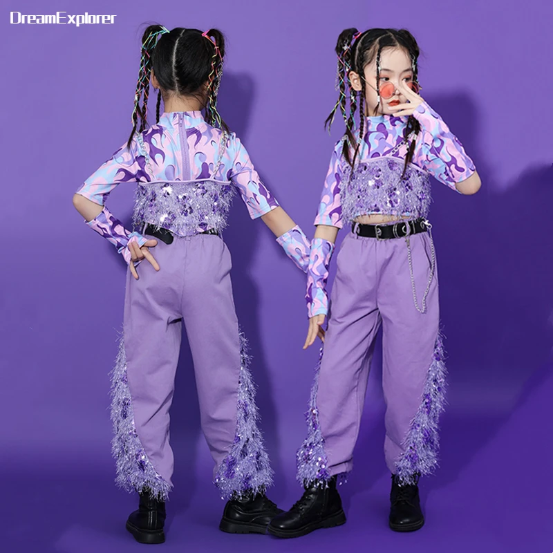 Girls Hip Hop Sequin Crop Jacket Joggers Clothes Sets Kids Top Stage Show Costumes Children Streetwear Street Dance Purple Pants