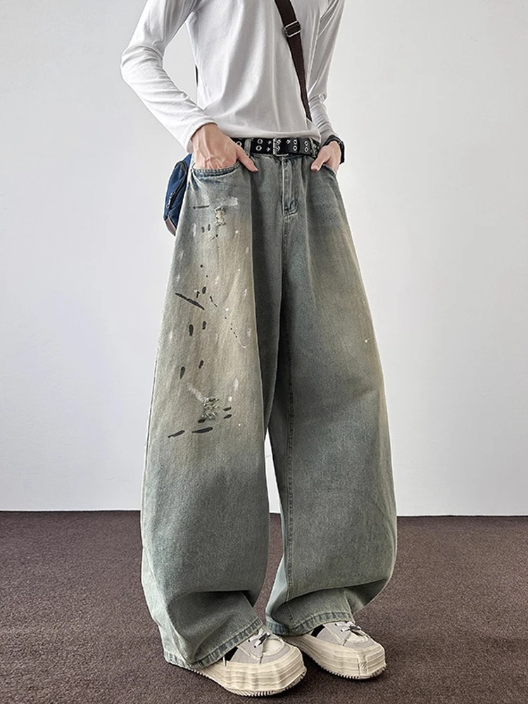 

American Retro Splaed Ink Wide Leg Jeans Men's Loose Fit Straight Leg Jeans Casual Youthful Sle Autumn Collection