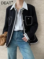 DEAT Fashion Women's Contrast Color Border Jacket Round Neck Loose Single Breasted Tweed Coat Autumn 2024 New Tide 7AB5140