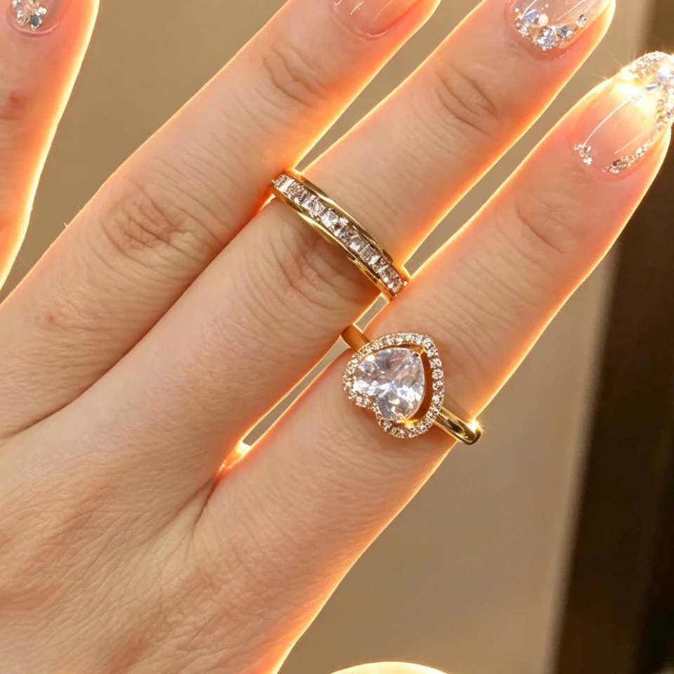 Yupsk Dazzling Shiny Zircon Inlaid Stainless Steel 2pcs/Set Couple Rings Gold Color Trendy Fashion Engagement Jewelry Gifts