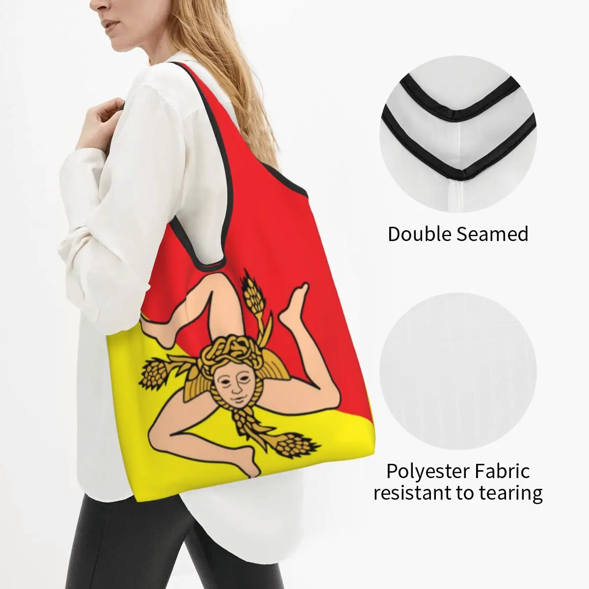 Custom Italian Island Sicily Flag Grocery Shopping Tote Bags Funny Sicilian Bandiera Shopper Shoulder Bag Large Capacity Handbag