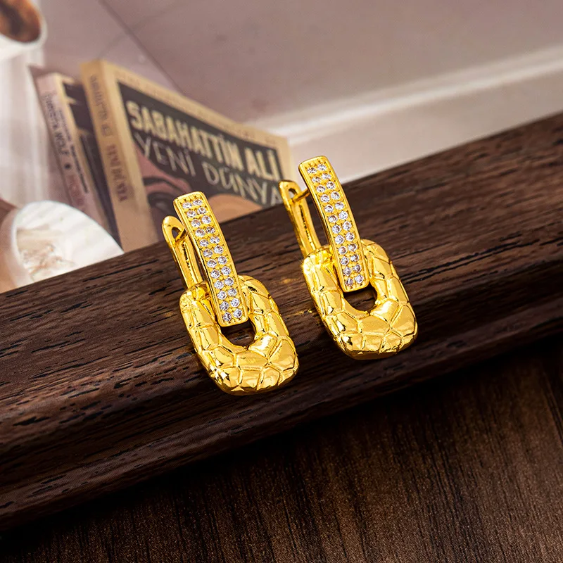 

24K Gold Zircon-Inlaid Geometric Square Earrings Women AU999 - 24K forged, AU999 certified, geometric square + zircon