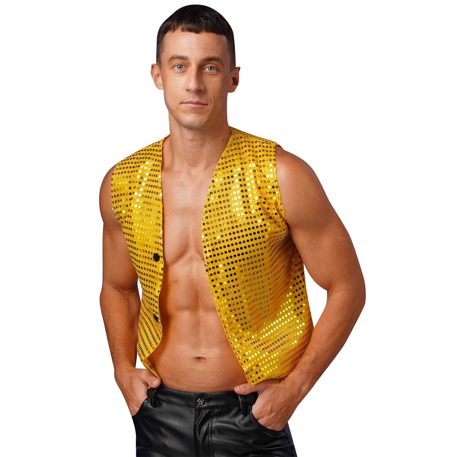 Mens Sparkling Sequin Vest Hip Hop Street Jazz Dance Performance Costume Sleeveless V Neck Button-Up Sequins Solid Color Vest